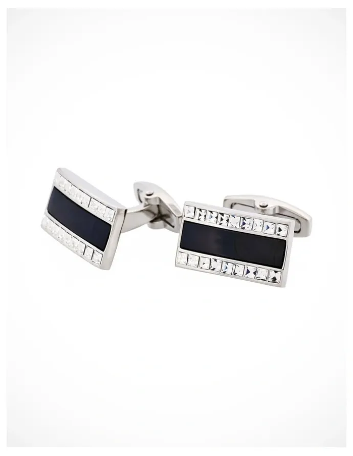 Cudworth Polished Rhodium with Onyx & Crystal Rectangle Cufflinks in Black