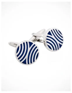 Cudworth Polished Rhodium Plated Radio Wave Pattern Enamel Round Cufflinks in Navy