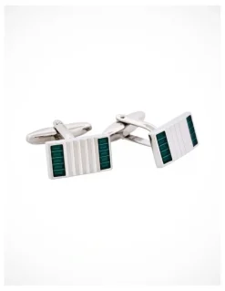 Cudworth Polished Rhodium Plated Ribbed Rectangle Cufflinks with Enamel Inlays in Teal