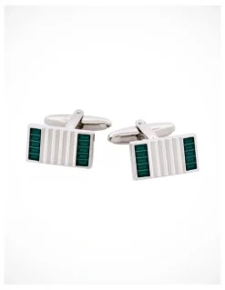 Cudworth Polished Rhodium Plated Ribbed Rectangle Cufflinks with Enamel Inlays in Teal