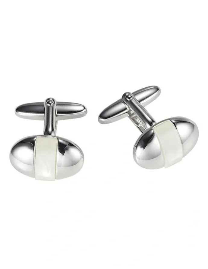 Cudworth Polished Rhodium Plated Oval Cufflinks with Mother of Pearl Inlay in White