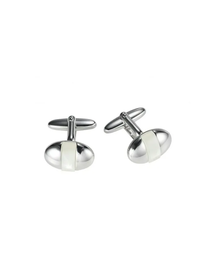 Cudworth Polished Rhodium Plated Oval Cufflinks with Mother of Pearl Inlay in White