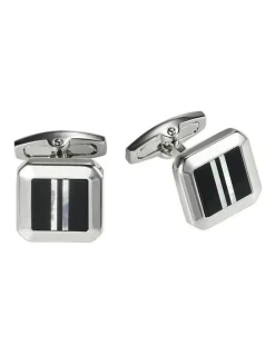 Cudworth Polished Rhodium Plated Square Cufflinks with Onyx & Mother 0f Pearl Striped Inlay in Black