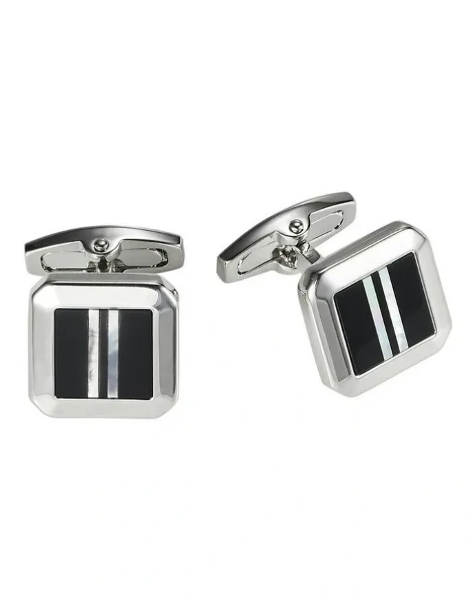 Cudworth Polished Rhodium Plated Square Cufflinks with Onyx & Mother 0f Pearl Striped Inlay in Black
