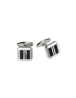 Cudworth Polished Rhodium Plated Square Cufflinks with Onyx & Mother 0f Pearl Striped Inlay in Black