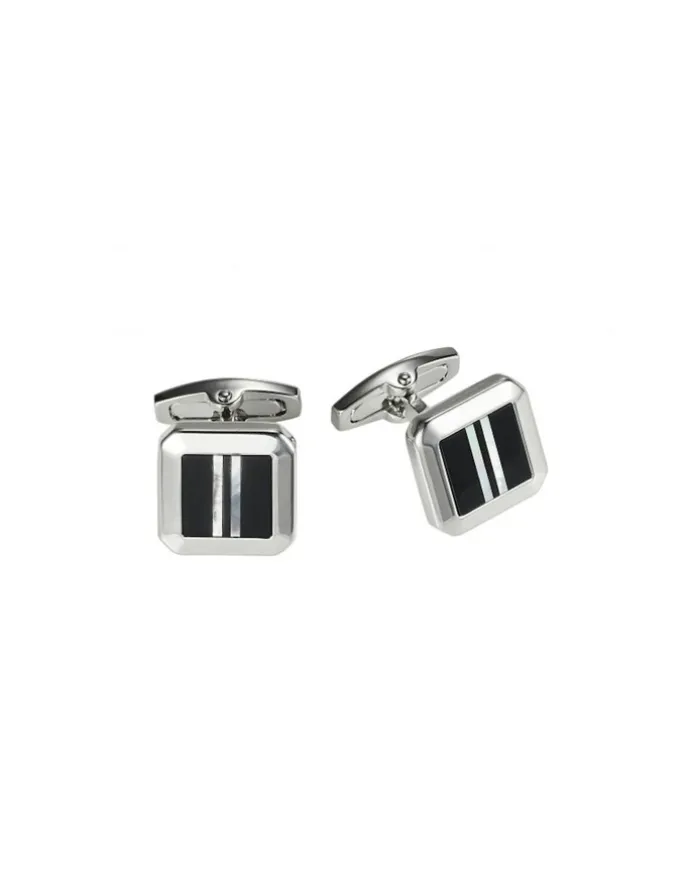 Cudworth Polished Rhodium Plated Square Cufflinks with Onyx & Mother 0f Pearl Striped Inlay in Black