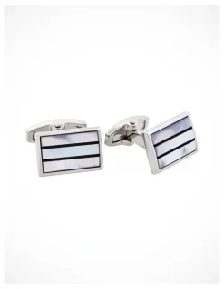 Cudworth Polished Rhodium Plated Onyx & Mother of Pearl Stripe Rectangle Cufflinks in Blue