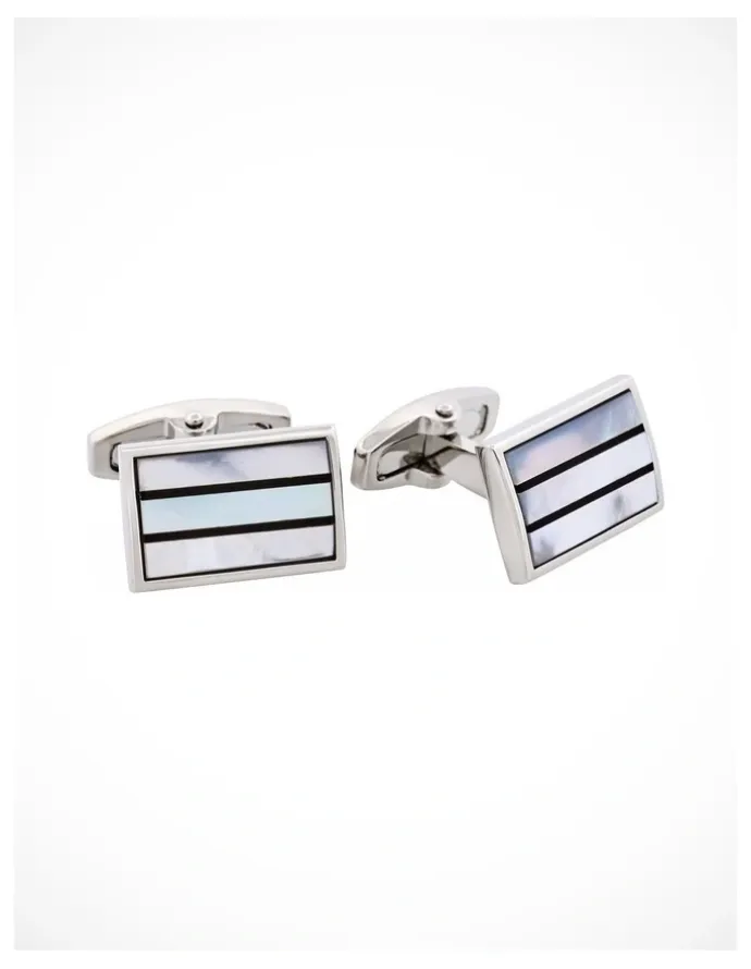 Cudworth Polished Rhodium Plated Onyx & Mother of Pearl Stripe Rectangle Cufflinks in Blue