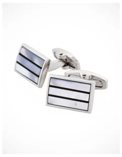 Cudworth Polished Rhodium Plated Onyx & Mother of Pearl Stripe Rectangle Cufflinks in Blue