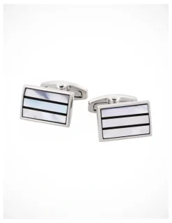 Cudworth Polished Rhodium Plated Onyx & Mother of Pearl Stripe Rectangle Cufflinks in Blue