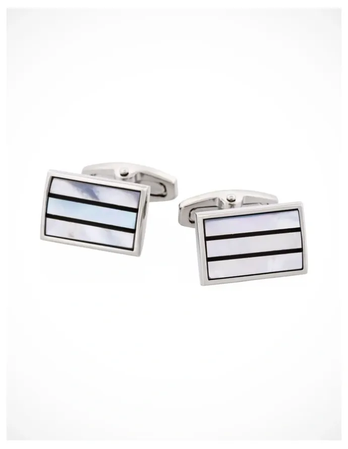 Cudworth Polished Rhodium Plated Onyx & Mother of Pearl Stripe Rectangle Cufflinks in Blue