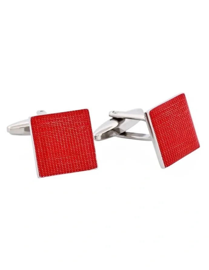 Cudworth Polished Rhodium Plated Red Enamel Square Cufflinks