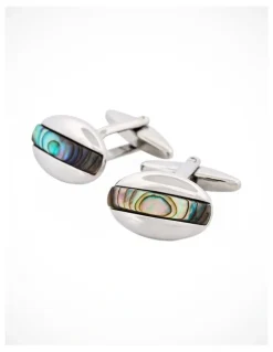 Cudworth Polished Rhodium Plated Abalone Oval Cufflinks in Blue