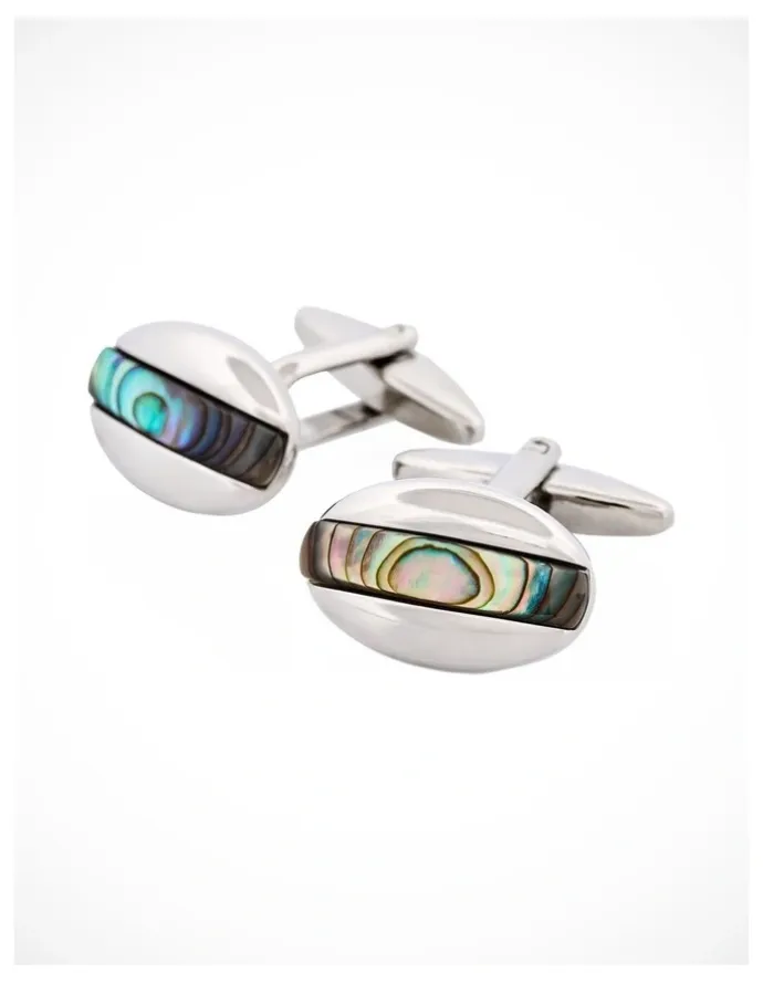 Cudworth Polished Rhodium Plated Abalone Oval Cufflinks in Blue