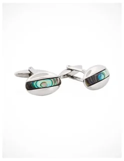 Cudworth Polished Rhodium Plated Abalone Oval Cufflinks in Blue