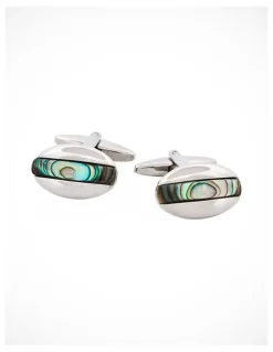 Cudworth Polished Rhodium Plated Abalone Oval Cufflinks in Blue