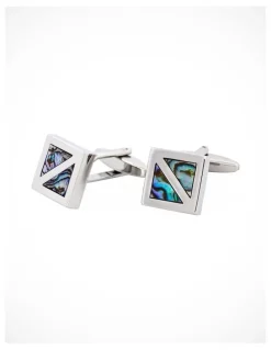 Cudworth Polished Rhodium Plated Square Abalone Inlay Cufflinks in Blue