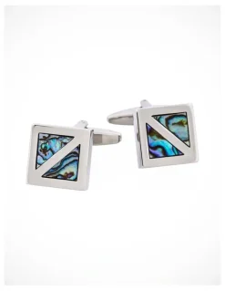 Cudworth Polished Rhodium Plated Square Abalone Inlay Cufflinks in Blue