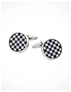 Cudworth Polished Rhodium Plated Onyx & Mother of Pearl Check Round Cufflinks in White/Black