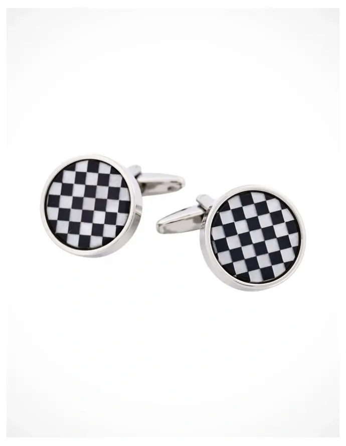 Cudworth Polished Rhodium Plated Onyx & Mother of Pearl Check Round Cufflinks in White/Black