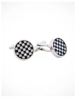 Cudworth Polished Rhodium Plated Onyx & Mother of Pearl Check Round Cufflinks in White/Black