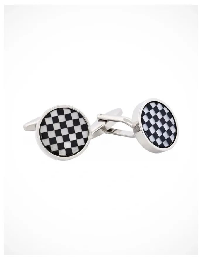 Cudworth Polished Rhodium Plated Onyx & Mother of Pearl Check Round Cufflinks in White/Black