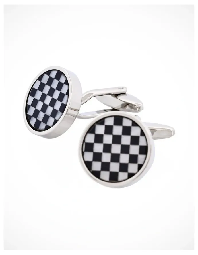 Cudworth Polished Rhodium Plated Onyx & Mother of Pearl Check Round Cufflinks in White/Black