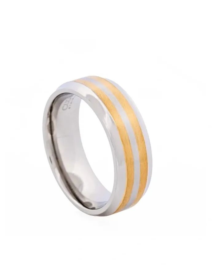 Cudworth Polished Stainless Steel and Double Band Ion Plated Ring in Gold