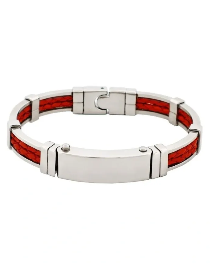 Cudworth Polished Stainless Steel Bracelet with Double Strand Braided Red Leather