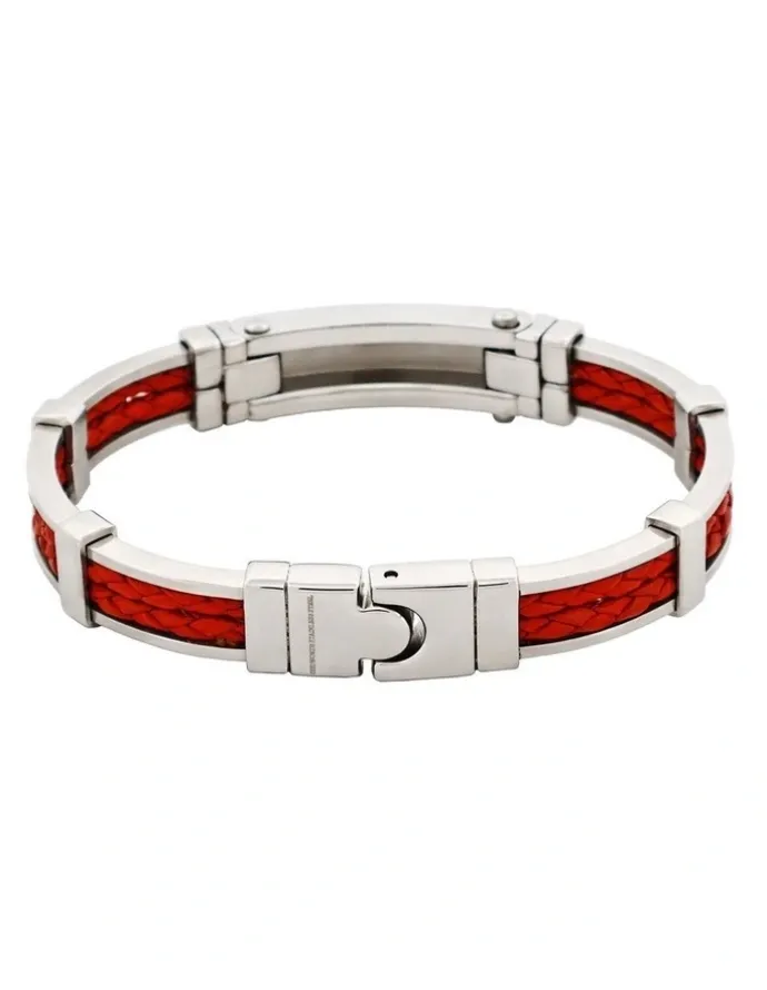 Cudworth Polished Stainless Steel Bracelet with Double Strand Braided Red Leather