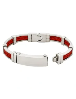 Cudworth Polished Stainless Steel Bracelet with Double Strand Braided Red Leather