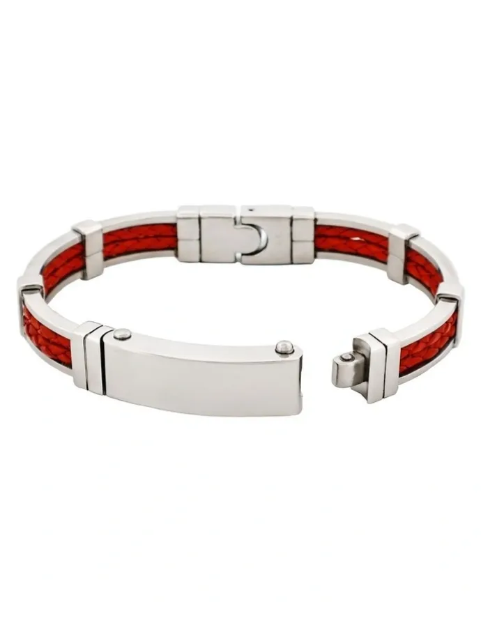 Cudworth Polished Stainless Steel Bracelet with Double Strand Braided Red Leather