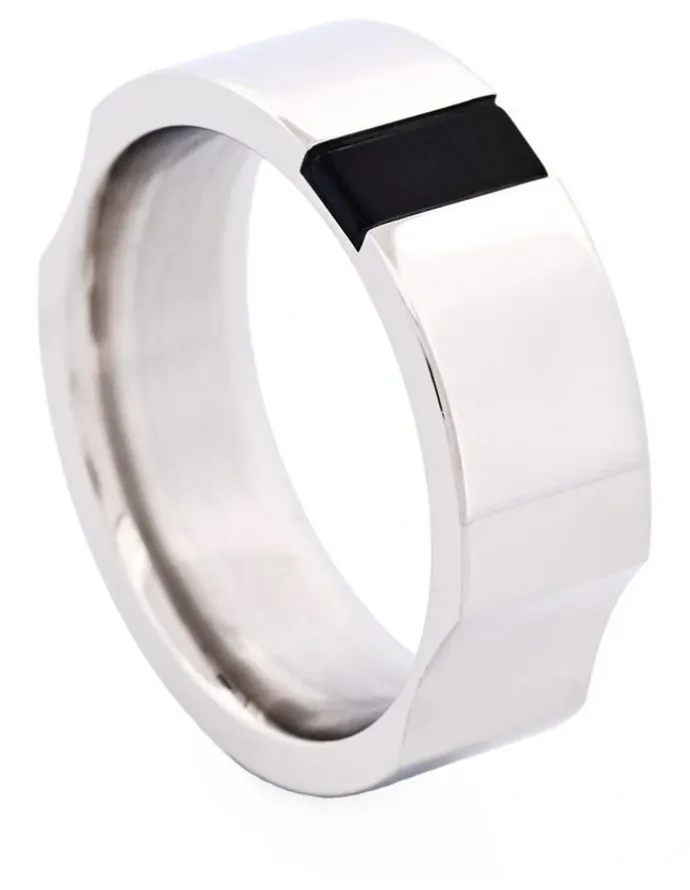 Cudworth Polished Stainless Steel & Onyx Ring in Silver