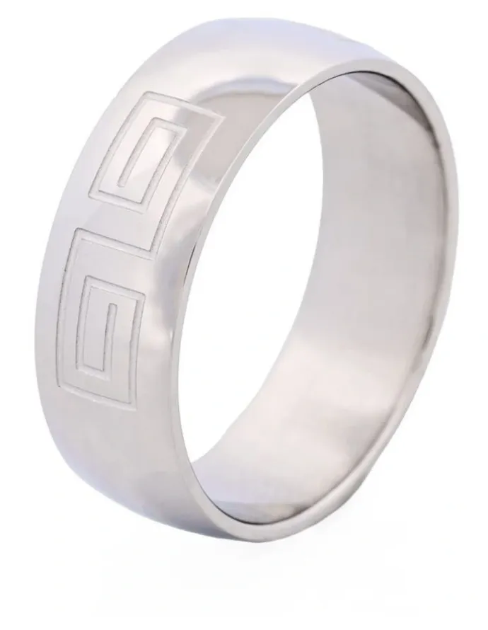 Cudworth Polished Stainless Steel Ring with Etched Greek Key Pattern in Silver