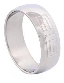 Cudworth Polished Stainless Steel Ring with Etched Greek Key Pattern in Silver