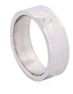 Cudworth Polished Stainless Steel Ring with Frosted Greek Key Pattern in Silver