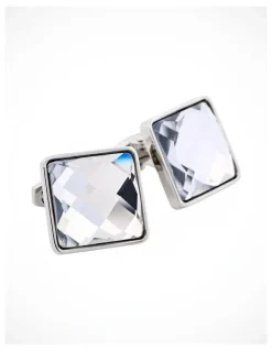 Cudworth Rhodium Plated & Large Square Cut Crystal Cufflinks in Grey