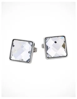 Cudworth Rhodium Plated & Large Square Cut Crystal Cufflinks in Grey