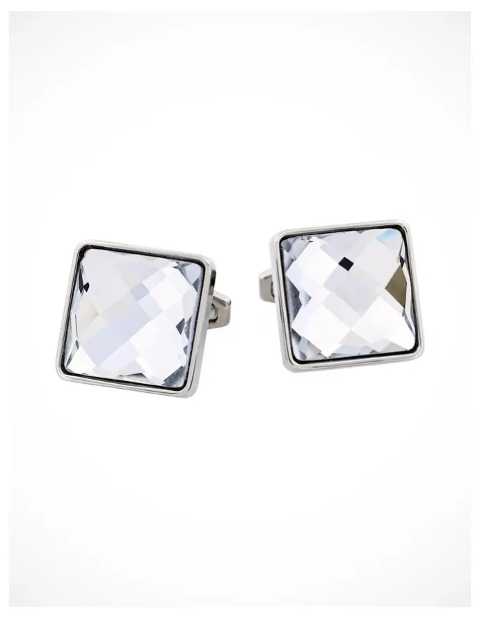 Cudworth Rhodium Plated & Large Square Cut Crystal Cufflinks in Grey