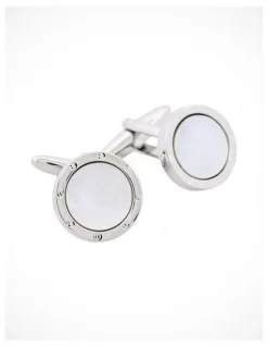 Cudworth Rhodium Plated & Round Mop Cufflinks with Screws in Silver