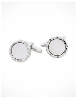 Cudworth Rhodium Plated & Round Mop Cufflinks with Screws in Silver