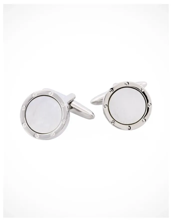 Cudworth Rhodium Plated & Round Mop Cufflinks with Screws in Silver