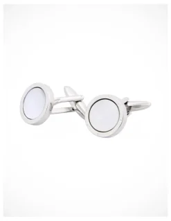 Cudworth Rhodium Plated & Round Mop Cufflinks with Screws in Silver