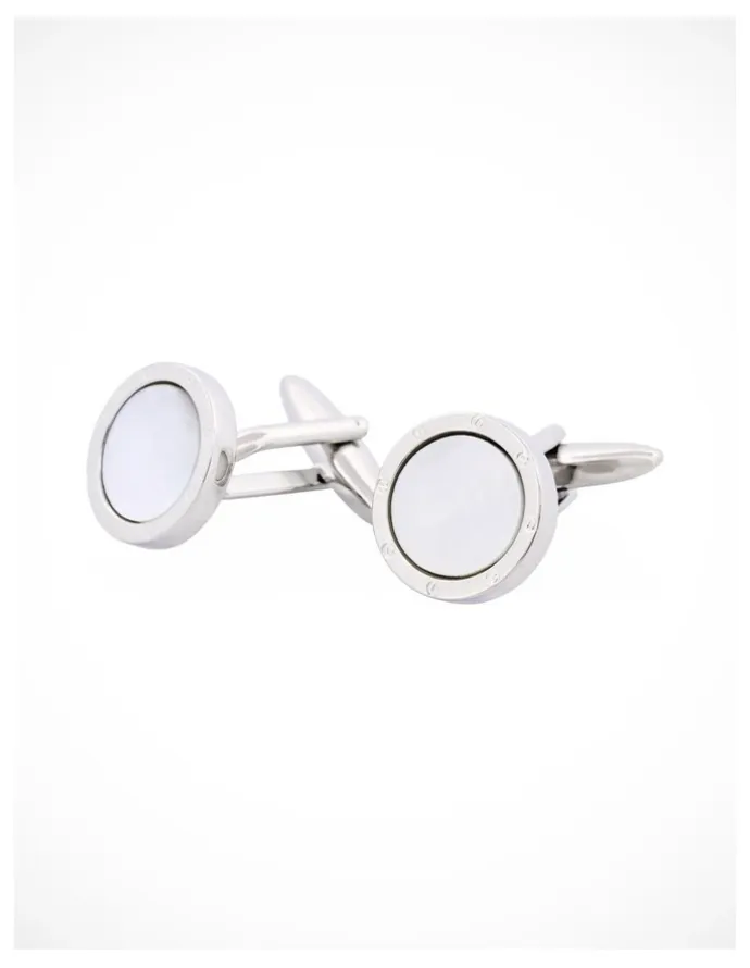 Cudworth Rhodium Plated & Round Mop Cufflinks with Screws in Silver
