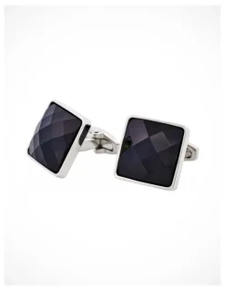 Cudworth Rhodium Plated & Large Square Jet Cut Crystal Cufflinks in Black