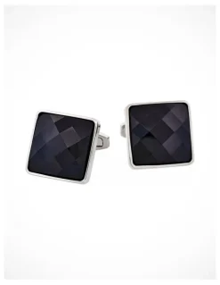Cudworth Rhodium Plated & Large Square Jet Cut Crystal Cufflinks in Black