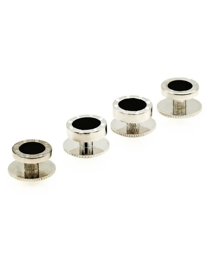 Cudworth Rhodium plated and round Onyx Screw Shirt Studs (set of 4)