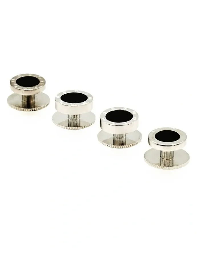 Cudworth Rhodium plated and round Onyx Screw Shirt Studs (set of 4)