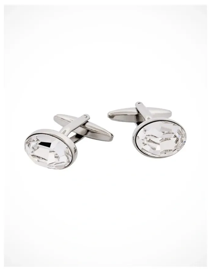 Cudworth Rhodium Plated Crystal Oval Cufflinks in Silver