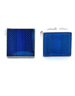 Cudworth Rhodium Plated Enamel Herringbone Pattern Square Cufflinks in Blue